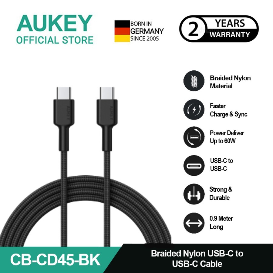 AUKEY Kabel Charger USB-C to USB-C CB-CD45 BK Braided Nylon Kabel Data Aukey