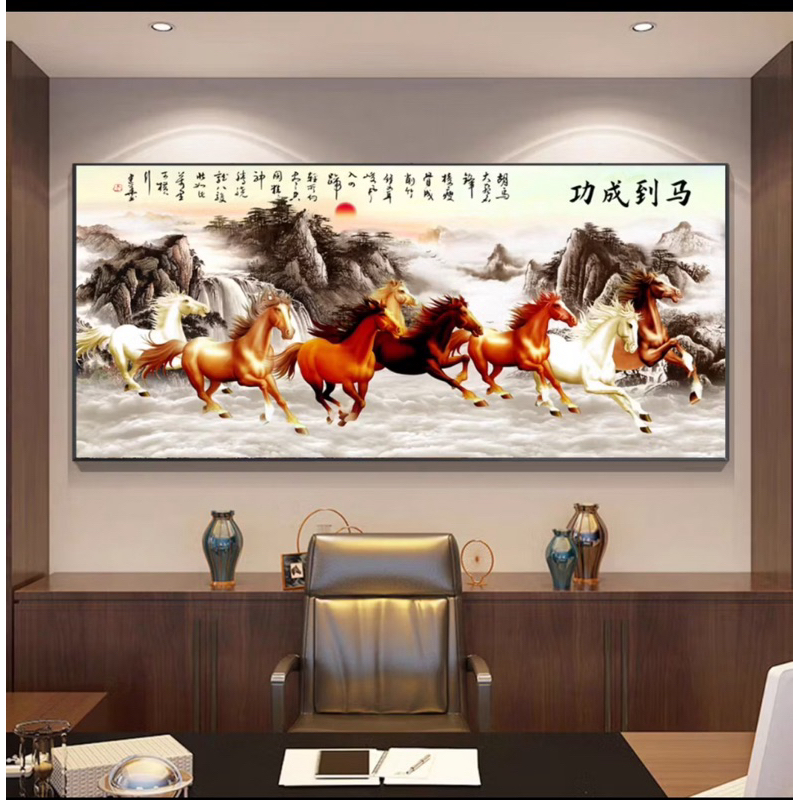 Lukisan Porcelain Painting Crystal Diamond 5D - Model 8 ekor Kuda - Wall Decor Hiasan Dinding Mewah.