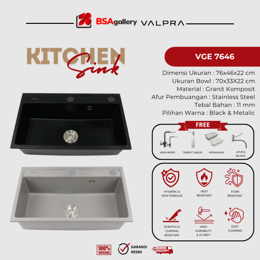 Granite Kitchen Sink V-GE 7646BK+ KERAN / BAK CUCI VALPRA BAHAN GRANIT - MOBIL TOKO