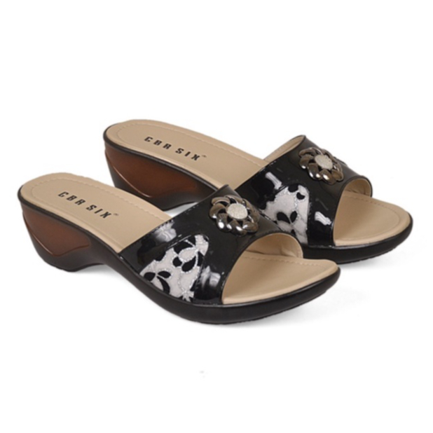 Sandal wanita sendal wedges 3cm / wedges ibu ibu kekinian kondangan / wedges kulit hitam model selop