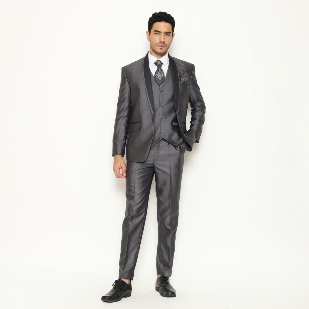 SEWA Full Set Jas Pria Semi Wool  Jas Pengantin Formal Abu Tua - YUNG