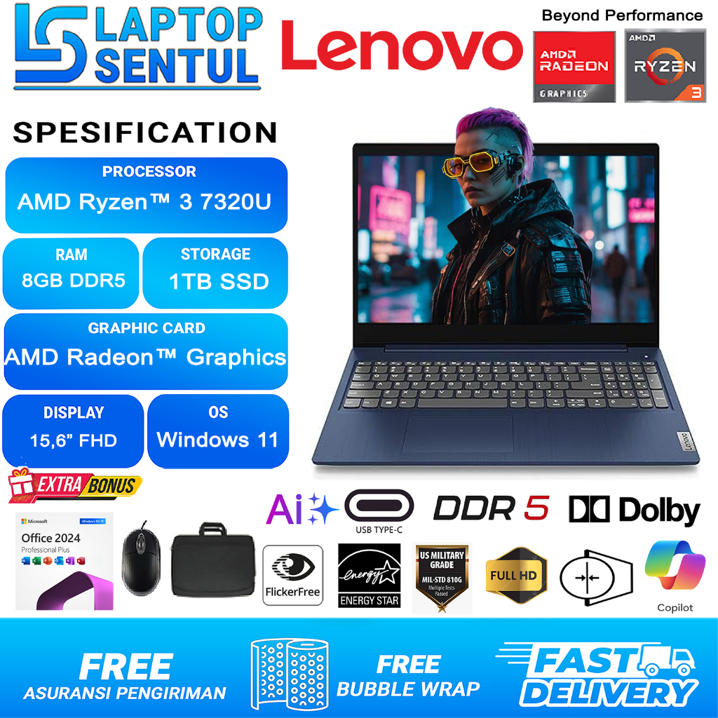 Laptop Lenovo Ideapad Slim 1 15 Amd Ryzen 3 7320U 1TB SSD FHD Windows 11 Office 2024 Blue