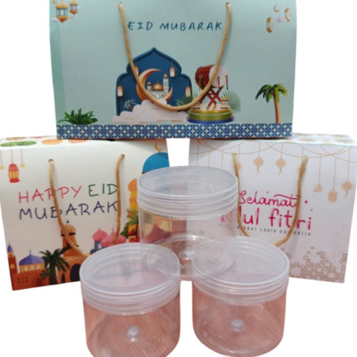 

1 Pcs Gable Box Hampers Idul Fitri Muat 3 Toples Jar 575 ml Hijau Tua Poly Gold uk 28x1x11 cm tinggi total 16cm