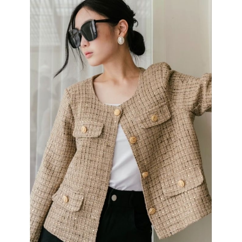 ( NEW ) Clouwny Journey Tweed Blazer Top Korean Lengan Panjang Formal Premium Tweed Elegant Tebal Ou