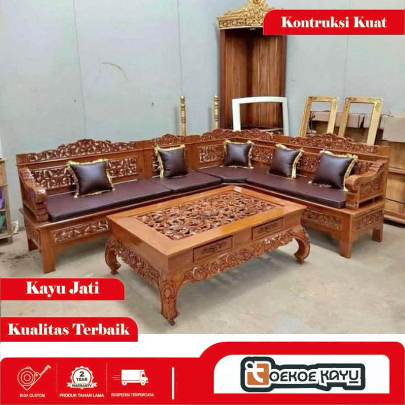 kursi ruang tamu sudut bagong meja ketapang, kursi sudut kayu jati asli, kursi tamu ukir jepara