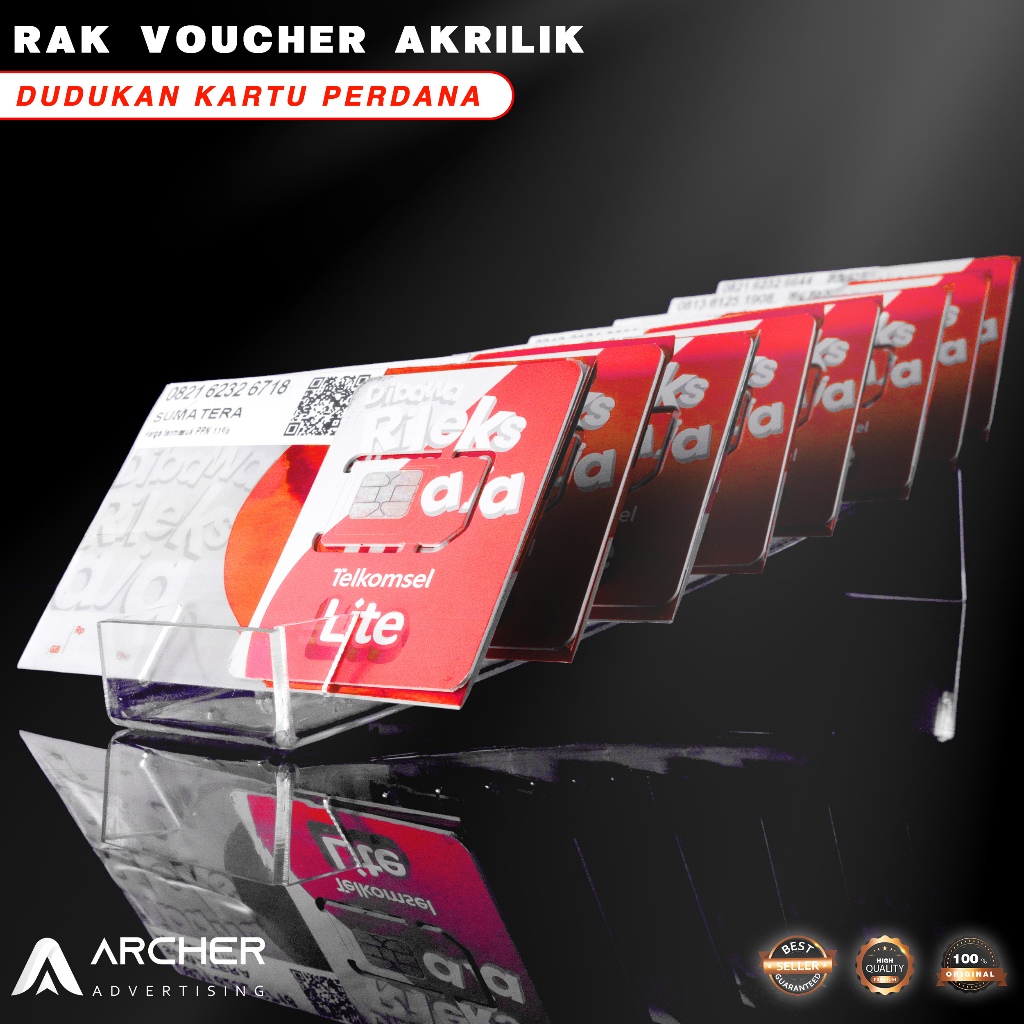 

TEMPAT DUDUKAN RAK VOUCHER KARTU PERDANA AKRILIK LEBAR 3,5CM 20 SLOT