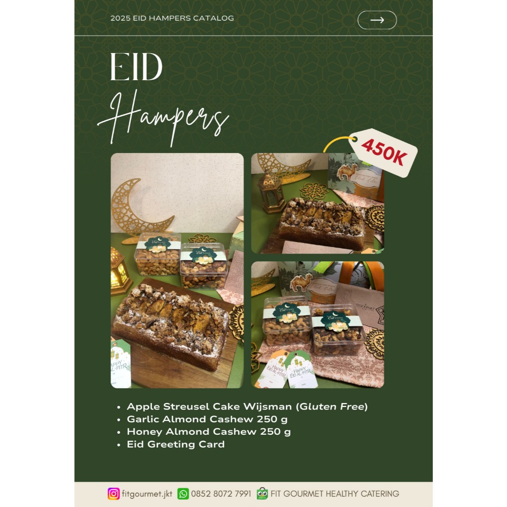

HAMPERS EID LEBARAN | APPLE STREUSEL CAKE, GARLIC ALMOND CASHEW & HONEY ALMOND CASHEW