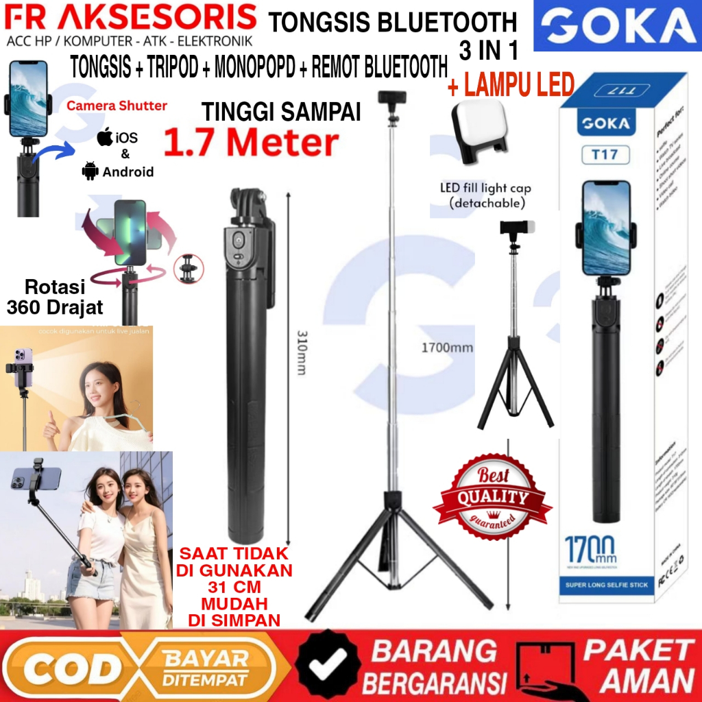 Tongsis Bluetooth 3in1 Plus LED Selfe GOKA T17 TRIPOD HP 3IN1 BLUTOOTH TONGSIS WITH LED TRIPOD TONGS
