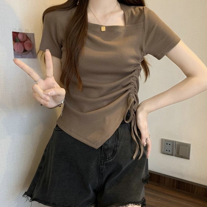 Garansi Baju Atasan Coklat Wanita Serut Samping Crop Top Lengan Pendek Kekinian Casual Import Kaos