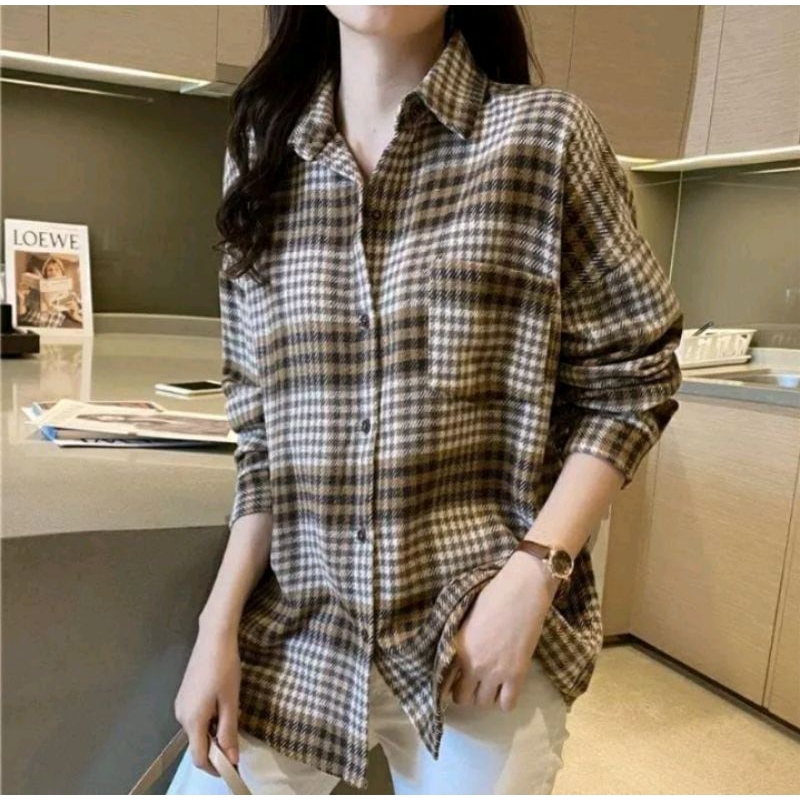 Kemeja Flanel Pria Wanita Atasan Lengan Panjang Cream Coklat Bestseller