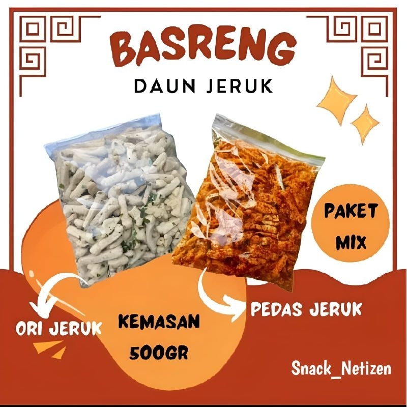 

Cemilan basreng paket bundling 1kg 500gr pedas daun jeruk + 500gr original daun jeruk