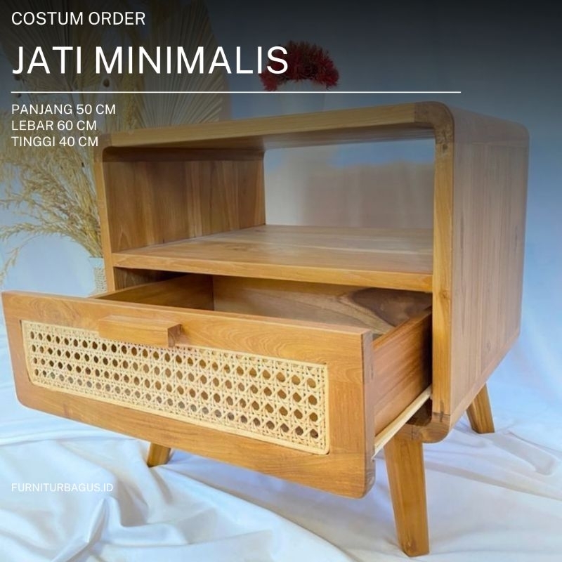 Meja Nakas Rotan / Meja Nakas Jati Rotan / Nakas Rotan Minimalis / Meja Nakas Kamar Tidur /  Nakas J