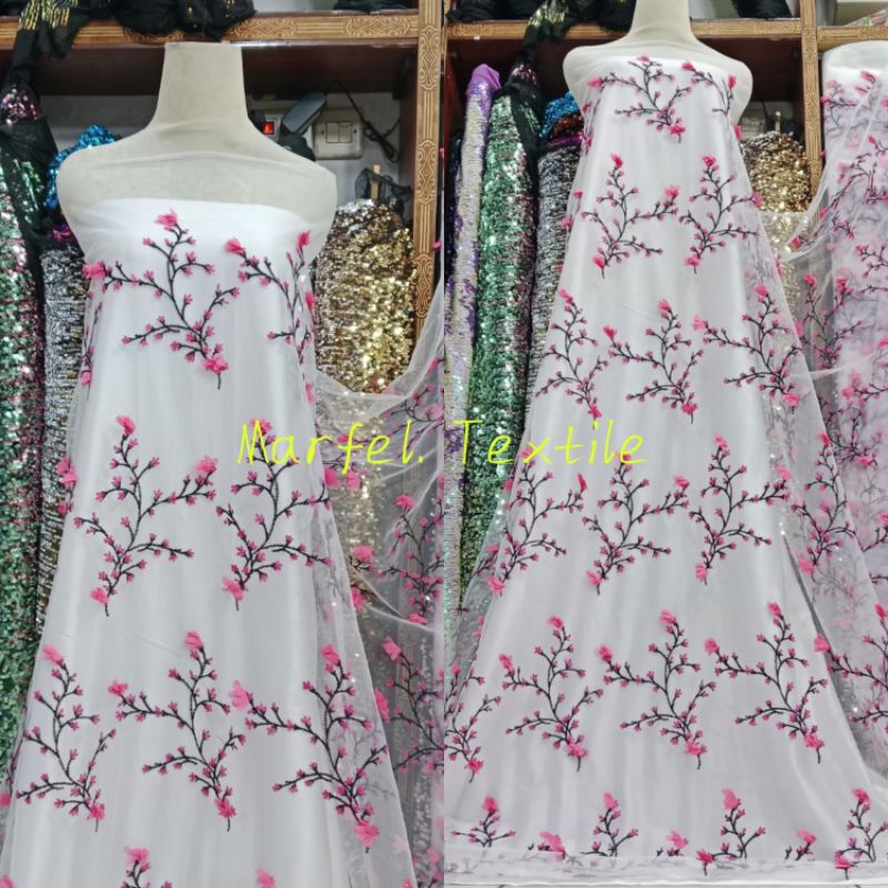 (COD) Bahan Kain Kebaya Tulle Syakura Bordir Akar Timbul Dasar warna putih