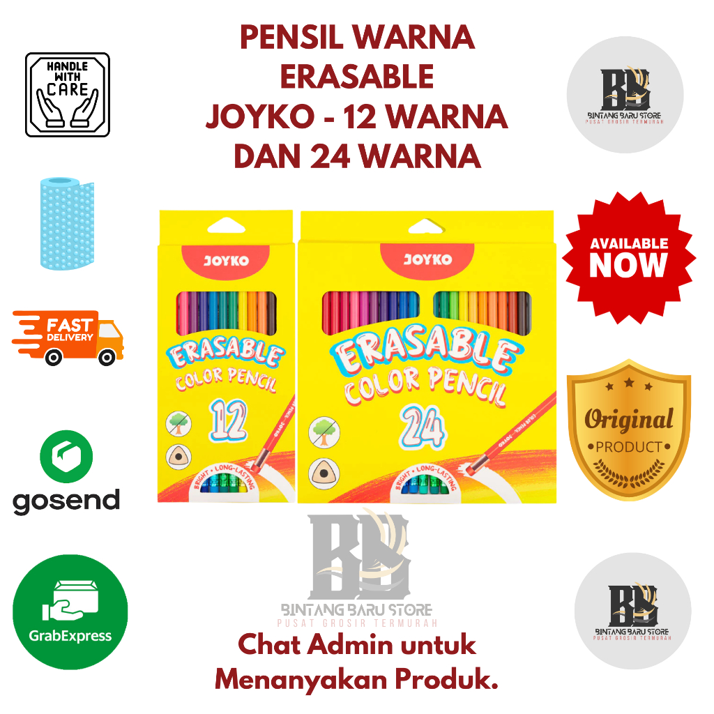 

JOYKO - PENSIL WARNA ERASABLE - DAPAT DIHAPUS - TRIANGLE GRIP - 12 WARNA DAN 24 WARNA