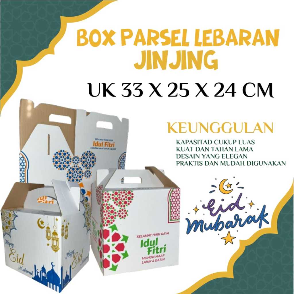 

BOX / KARDUS PARSEL LEBARAN JINJING UKURAN 33 X 25 X 24MM TEBAL 3MM MOTIF ISI 20PCS