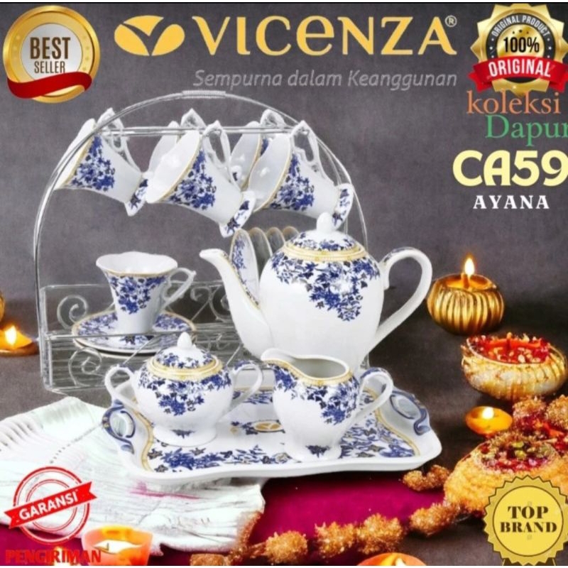 Coffee Set VICENZA Ca59 Ayana, peralatan minum kopi dan teh berbahan porselain, dilengkapi rak sebag