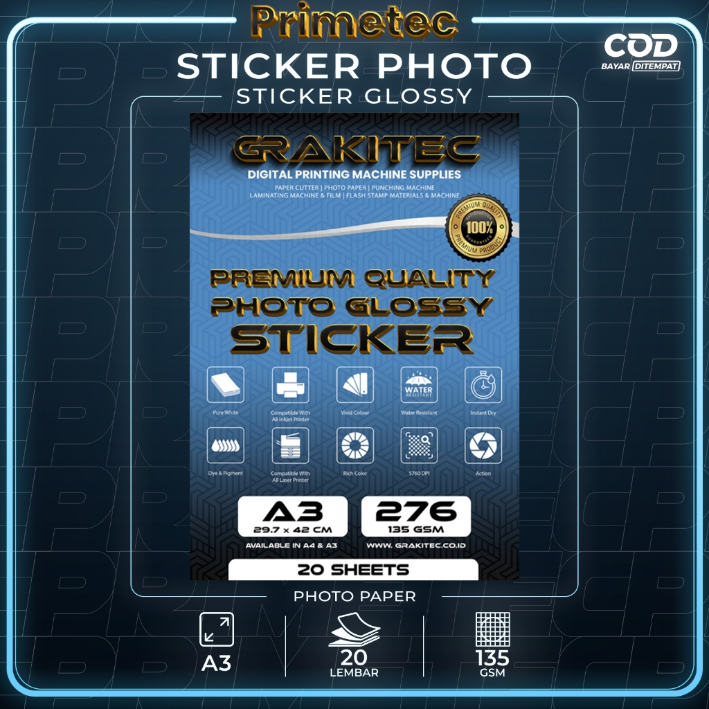 

STICKER GLOSSY PHOTO PAPER PREMIUM A3 ISI 20 LEMBAR ( KERTAS FOTO STICKER GLOSSY ) 135 GSM PRIMETEC