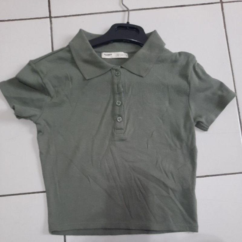 Crop Top Hijau Army Kaos Polo Wanita