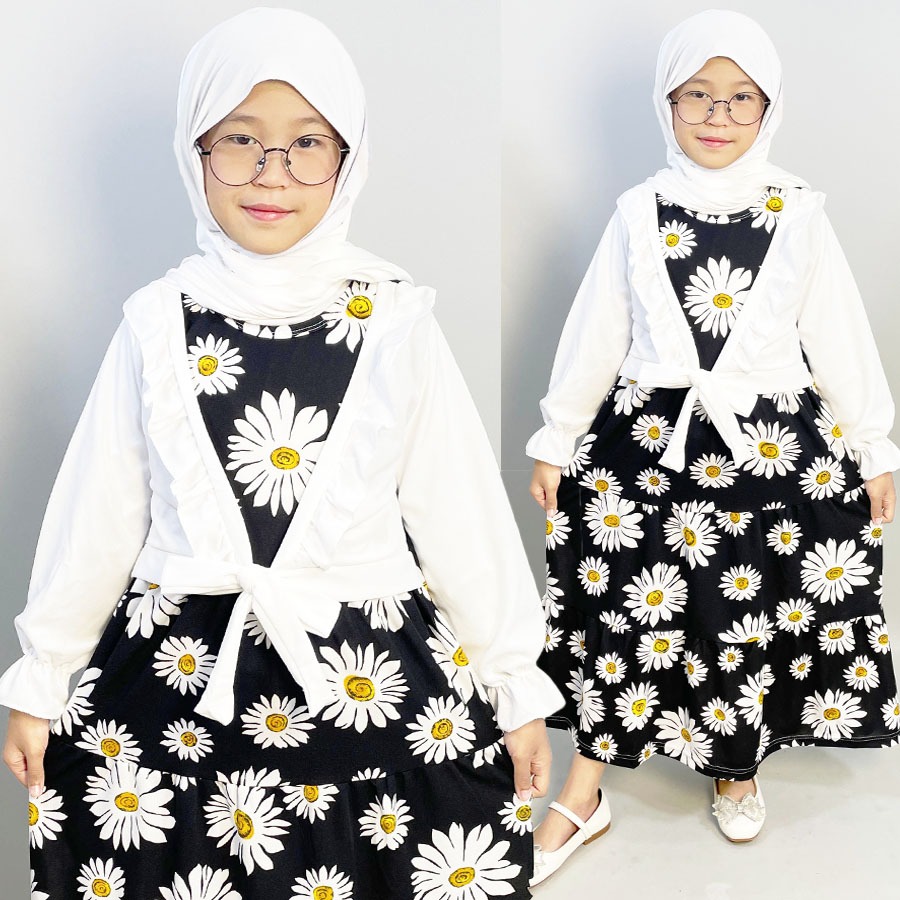 Carlina Gamis Anak Rompi Putih Ruffle Bunga Muslimah Kaaffah 3-13 Tahun Dress Panjang Kids