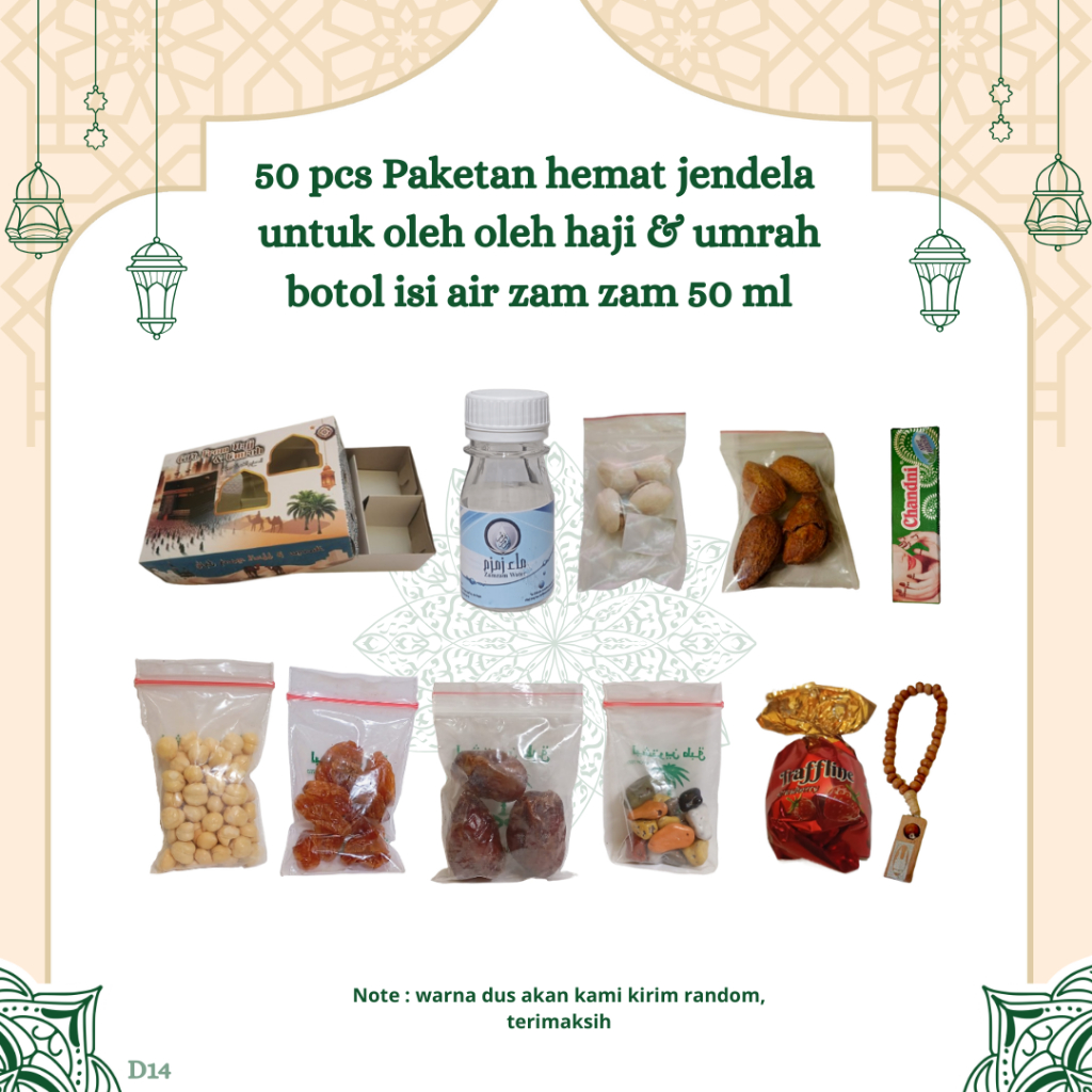 

50 pcs paketan hemat jendela untuk oleh oleh haji dan umroh ( botol isi air zamzam 50 ml)