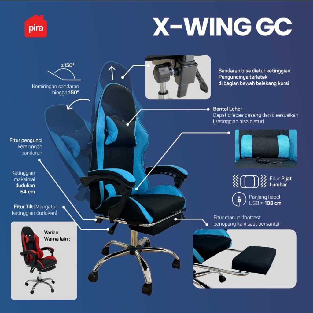 Pira X-WING GC Kursi Gaming dengan Sandaran Kaki dan Fitur Massage (BLACK-RED)
