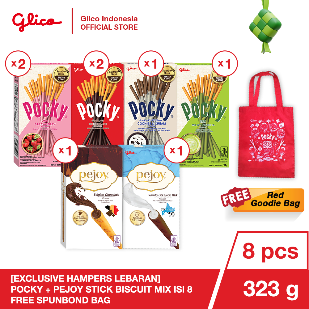 

[EXCLUSIVE HAMPERS LEBARAN] GLICO Pocky + Pejoy Stick Biscuit Mix isi 8 FREE Exclusive Spunbond Bag