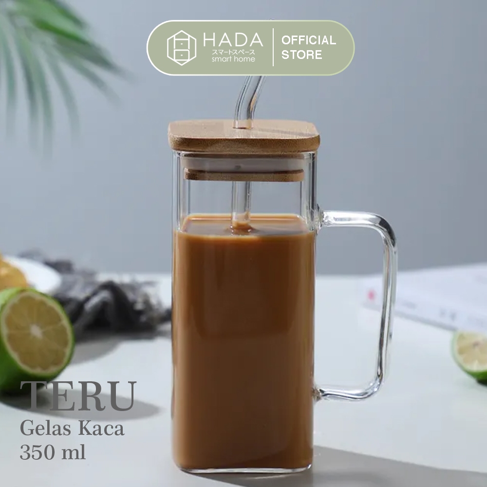 [HADA] TERU Glass Tea Cup Mug with Straw Cangkir Kopi Tahan Panas Kotak Estetik dengan Sedotan Kaca 