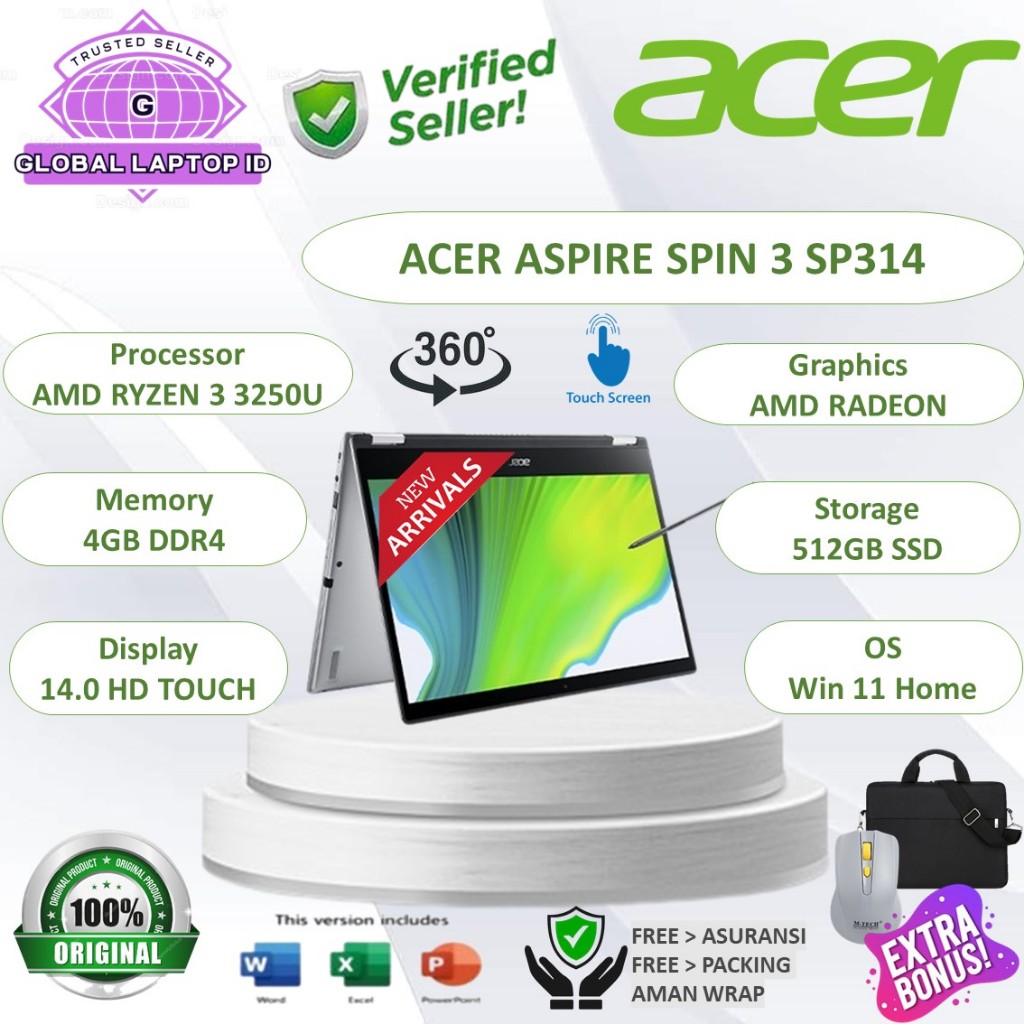 Laptop Touchscreen 2in1 Acer Aspire SPIN 3 SP314 AMD Ryzen 3 3250U RAM 4GB 512GB SSD 14" HD Windows 