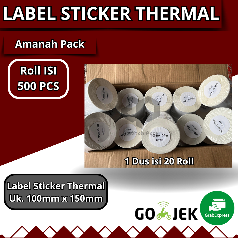 

LABEL STICKER THERMAL & CONTINOUS PAPER THERMAL 100 X 150 mm 100x150 4x6" isi 500pcs ukuran A6 (1dus isi 20)