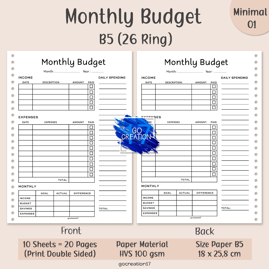 

Buku Planner Kertas Isi Binder Monthly Budget Simple Minimalis B5