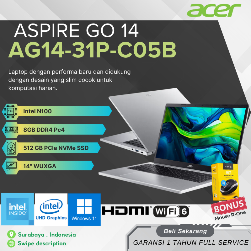 Laptop 4 Jutaan Andalan Pelajar Acer Go - INTEL N100 - 8GB - 512GB - 14" WUXGA - WINDOWS 11 GARANI 1