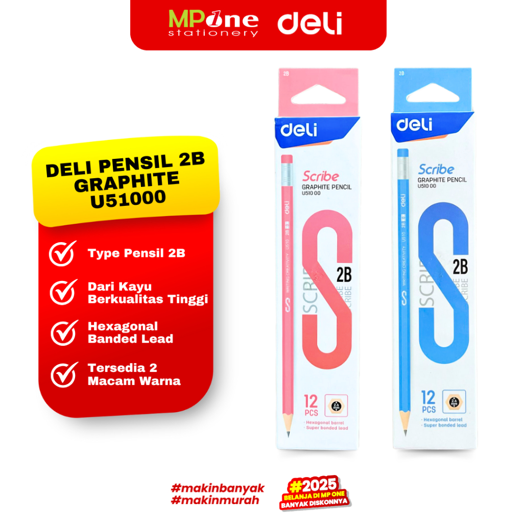 

(1 KOTAK) Deli Pensil Graphite U51000 2B with Eraser / Pensil komputer Pensil Scribe Graphite DELI Isi 12 PCS