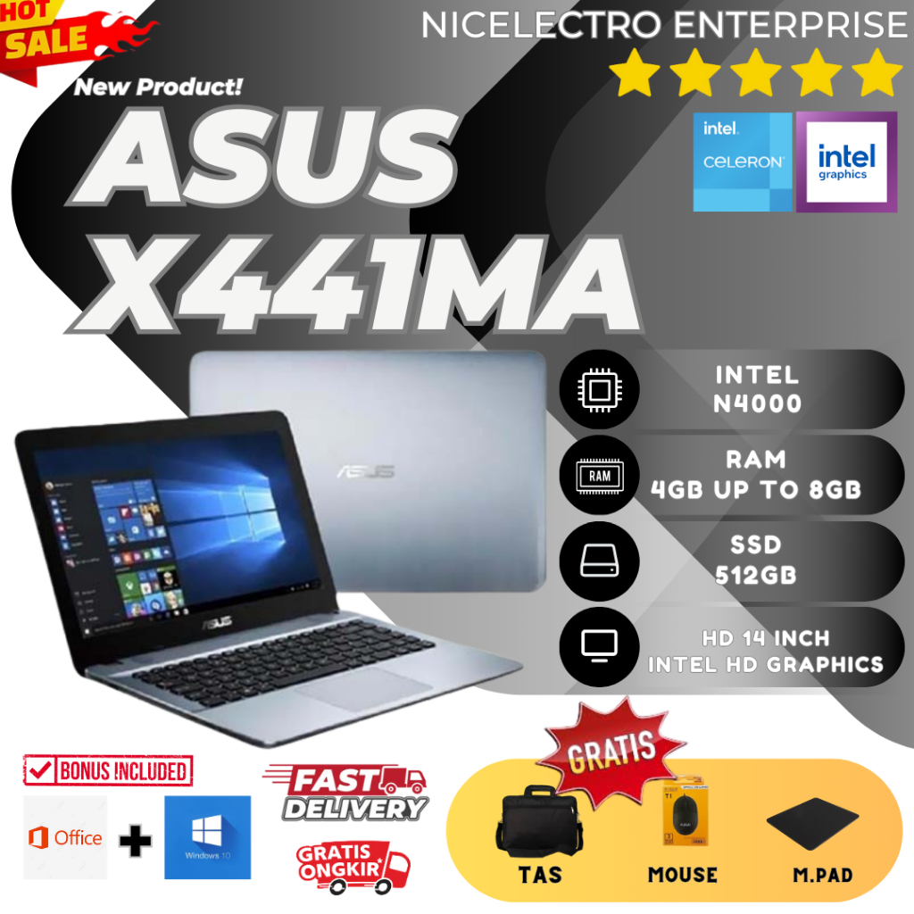 LAPTOP ASUS VIVOBOOK X441MA | INTEL N4000 | RAM 8GB | SSD 512GB | DVD | WINDOWS OFFICE | FREE BONUS