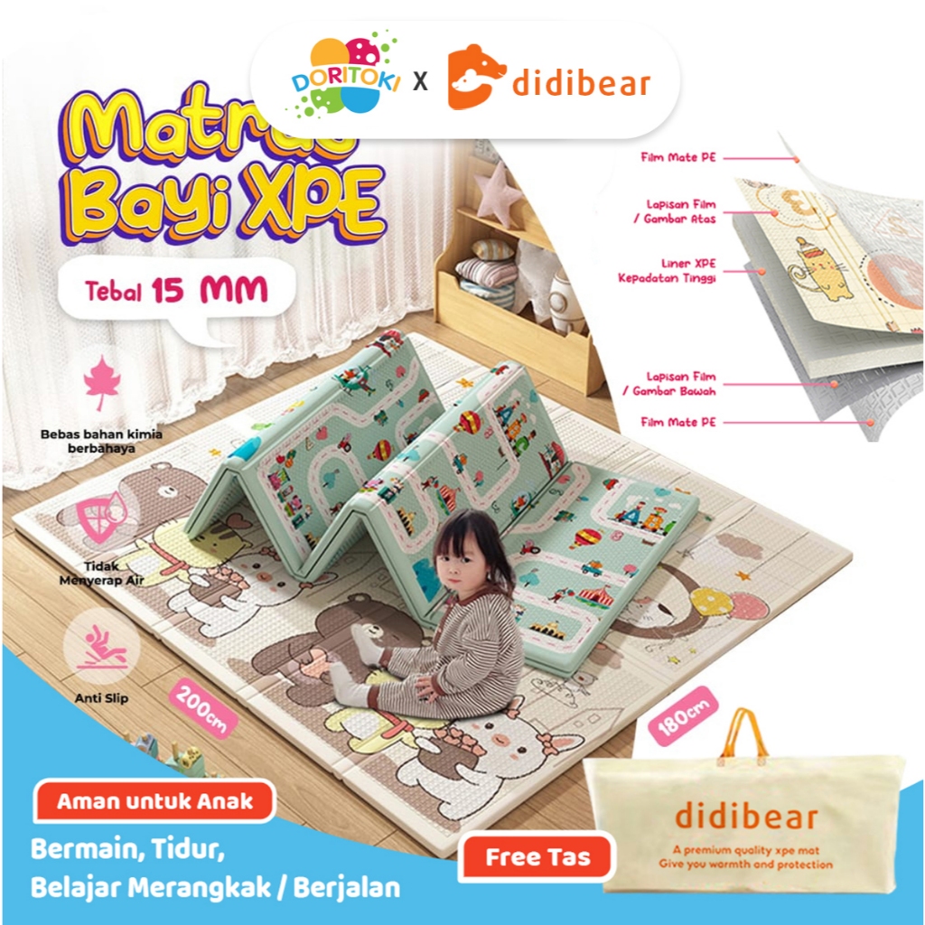 Doritoki X Didibear SNI Karpet Lipat Playmat Bayi Karpet Bayi 180x200 cm Matras Bayi Playmat Foam Li