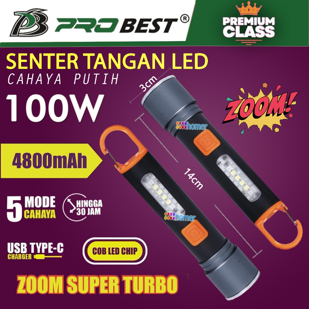 PROBEST Senter Tangan COB LED RGB Zoom In & Out SOS PREMIUM Flashlight Ori Kualitas Super Bagus 100W
