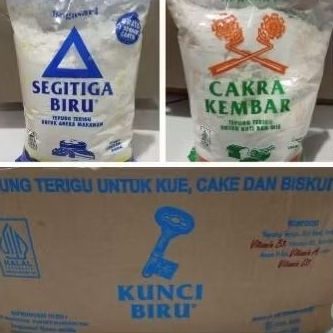 

Tepung trigu bogasari/segitiga biru 1kg/cakra kembar 1kg/kunci biru 1kg