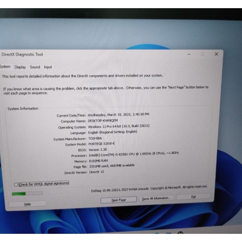Toshiba portege x20xw-E i5 Gen 8