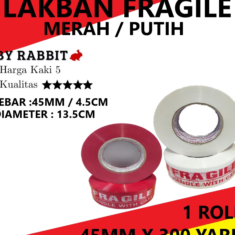 Diskon LAKBAN FRAGILE JANGAN DI BANTING WARNA MERAH  PUTIH 45MM X 3 YARD