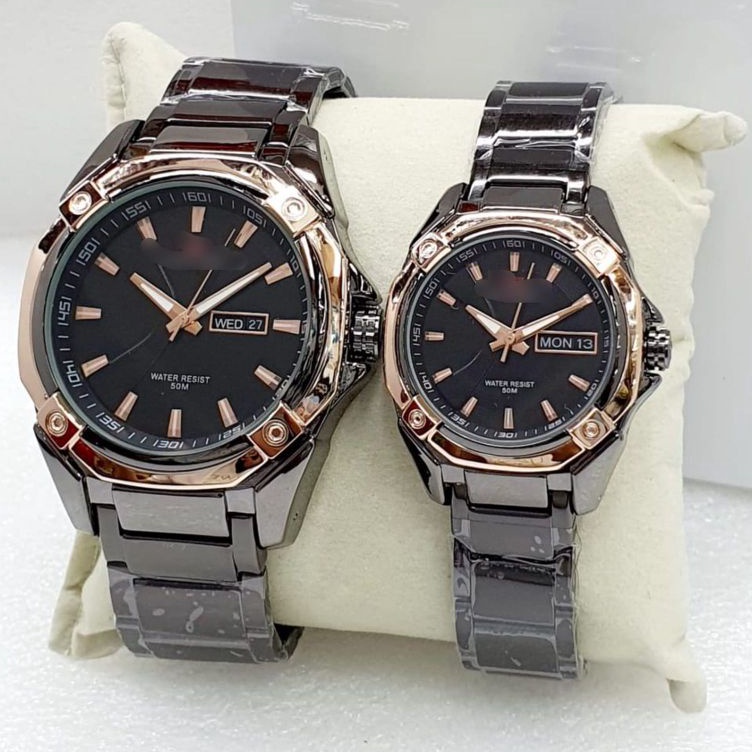 KODE K42N Jam Tangan Couple  Pasangan S3195 CL Tanggal Hari Aktif Tali Rantai Free Box  Baterai