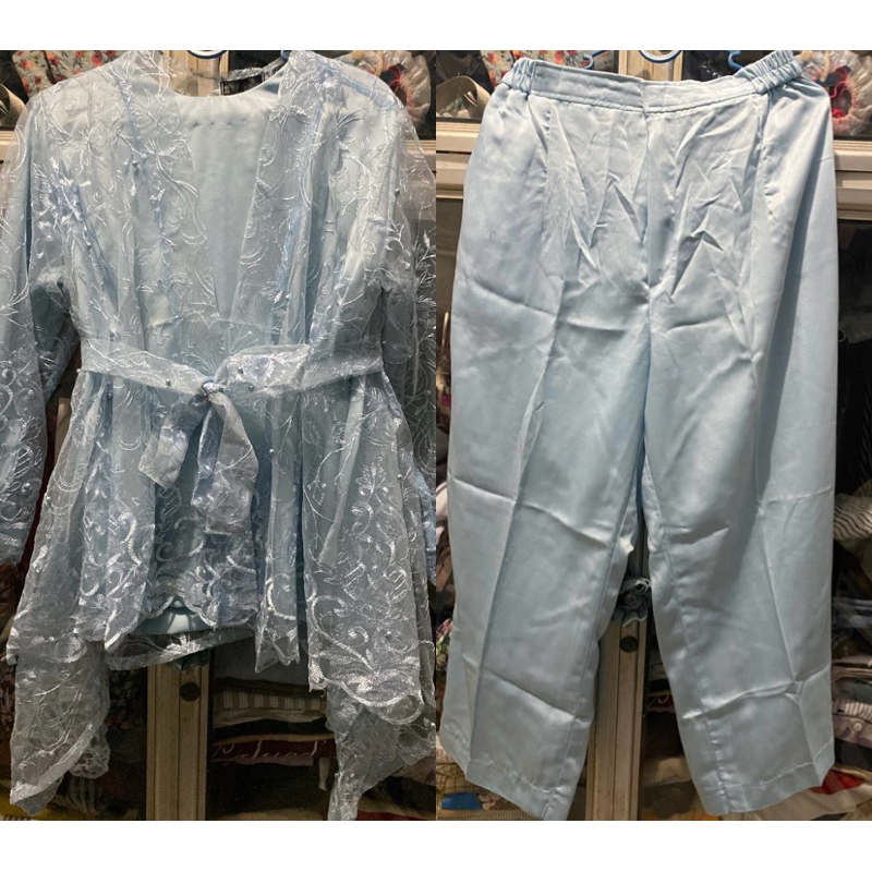 Preloved Outer Brokat Sky Blue One Set (Outer, Atasan Polos, + Celana)