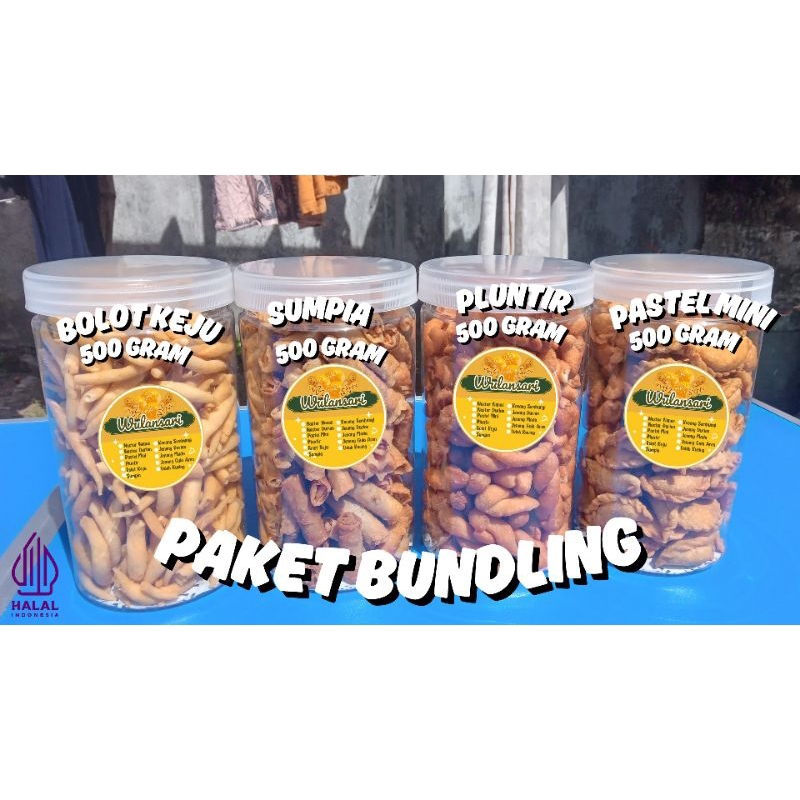 

PAKET BUNDLING | SUMPIA 500g | PASTEL MINI 500g | BOLOT KEJU 500g | PLUNTIR 500g