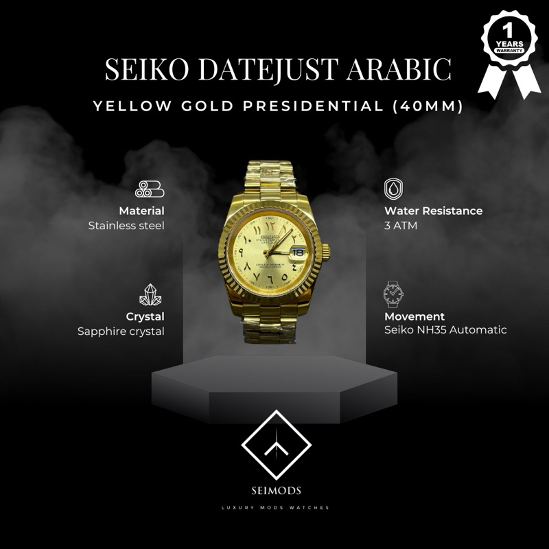 Jam Tangan Seiko Datejust Gold Arabic Presidential NH35 Automatic Watch