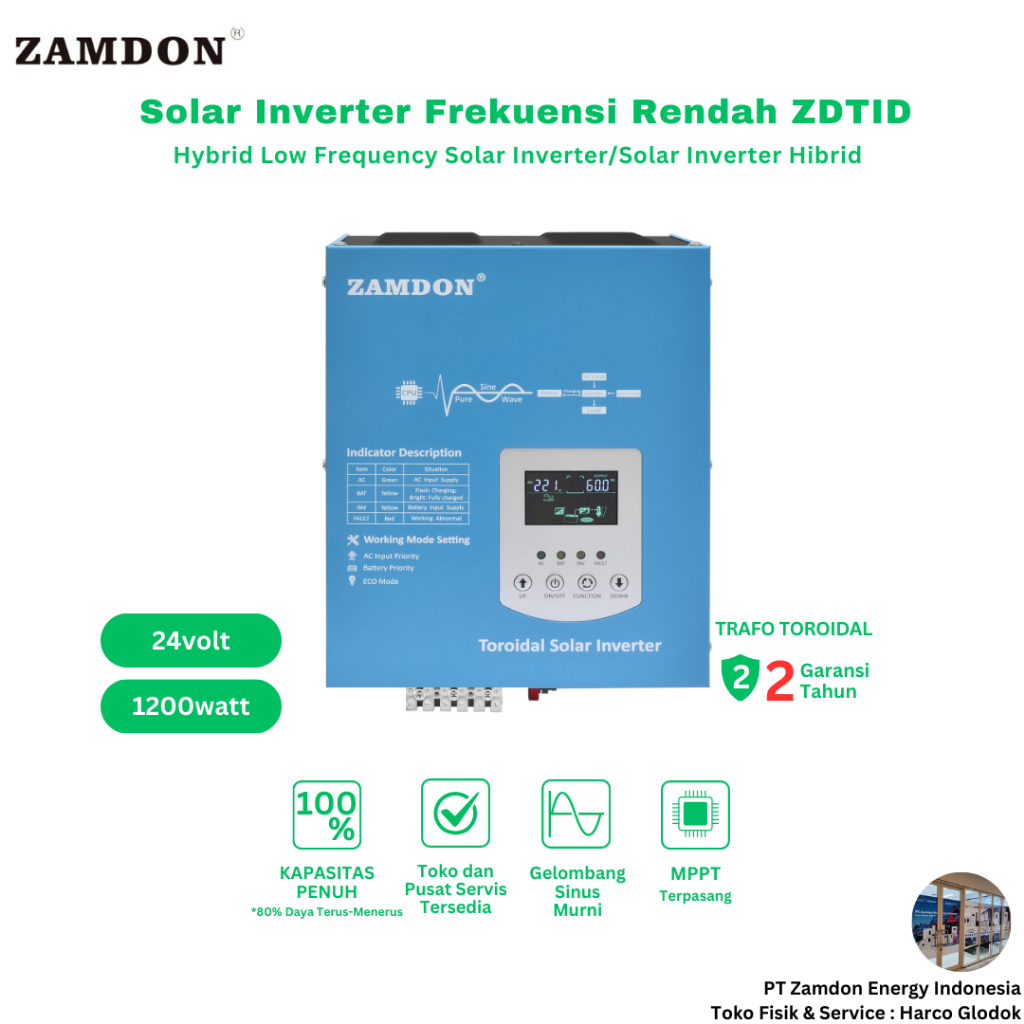 NEW!!! ZAMDON Frekuensi Rendah 1.2KW/1.5KVA 24V Voltase Baterai Off grid Inverter Surya Hibrid