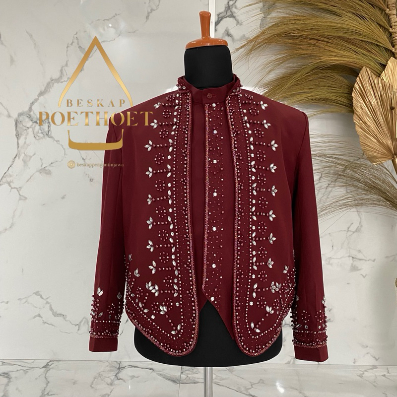 Beskap pengantin Jawa solo hewes krowak merah maroon bahan matte premium dop