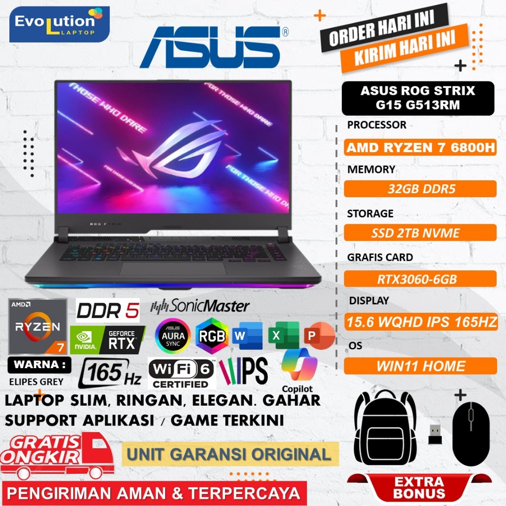 ASUS ROG STRIX G15 G513RM AMD RYZEN 7 6800H GB DDR5 1TB RTX3060-6GB 15.6 WQHD IPS 165HZ PKRGB