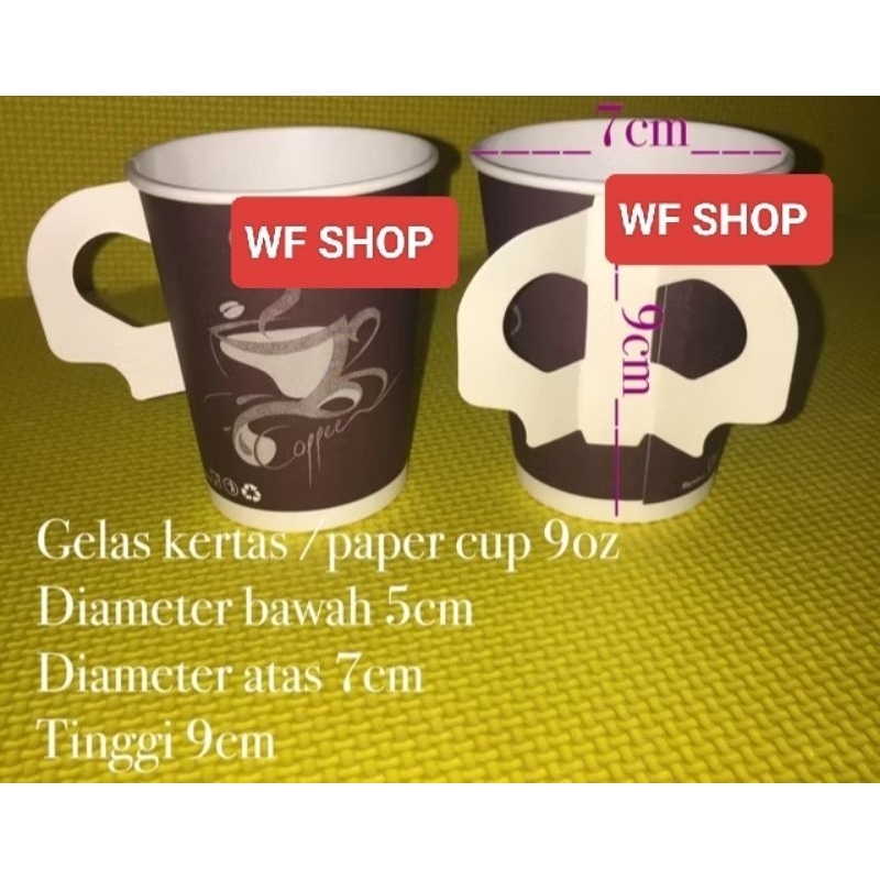 Isi 50PC gelas kertas PAPER CUP GAGANG foam kopi panas coffe hot 9oz + pegangan GAGANG handle