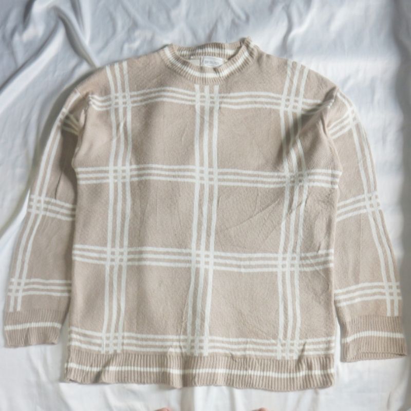 DONGSIN Tartan Coklat Susu Knit Tipis XL Knitwear Sweater Sweatshirt Crewneck Rajut Wool Jaket