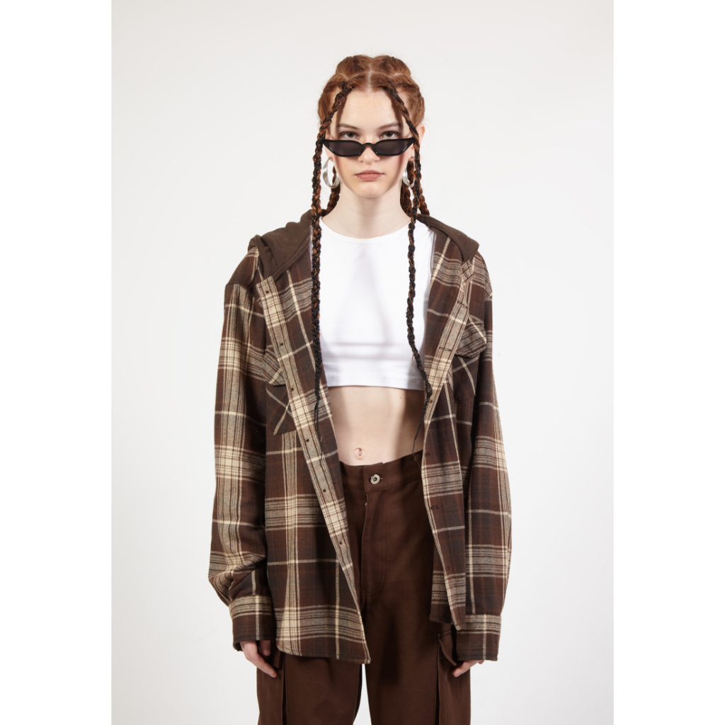 OCWA JERICO OVERSIZED FLANNEL PLAID BROWN SHIRT HOODIE