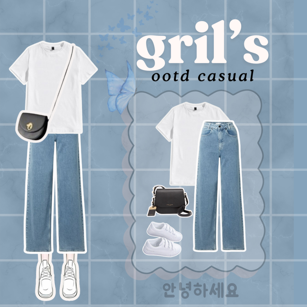 One Set Daily kekinian|Ootd Casual|Kaos polos + Celana Jeans|Korean Style