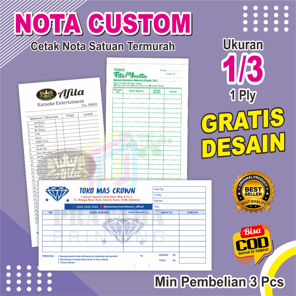 

Cetak nota custom 1/3 1 ply Gratis Desain Gratis Logo Bebas Nama Sendiri PRATAMA GRAFIKA